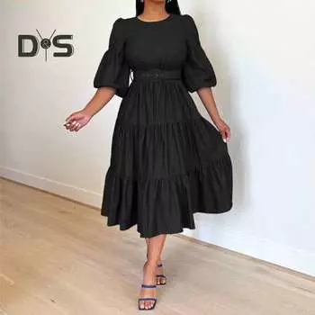 Женское платье с круглым вырезом, пышными рукавами, большим подолом, свободным однотонным цветным коротким рукавом, поясом, узкой талией, мягким лоскутным плиссированным А-силуэтом, платье миди XL синий