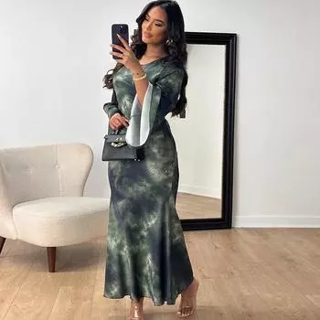 Женское платье с круглым вырезом, расклешенным рукавом-манжетой, облегающим силуэтом и завышенной талией, платье-рыбий хвост S чёрный