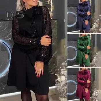 Женское платье с круглым вырезом, шнуровкой на бретелях, блестящее платье-миди с длинными рукавами, сплошное свободное платье длиной до колена, весна-осень, вечеринка для свиданий S синий