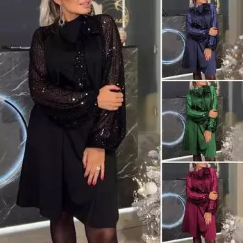 Женское платье с круглым вырезом, шнуровкой на бретелях, блестящее платье-миди с длинными рукавами, сплошное свободное платье длиной до колена, весна-осень, вечеринка для свиданий S чёрный