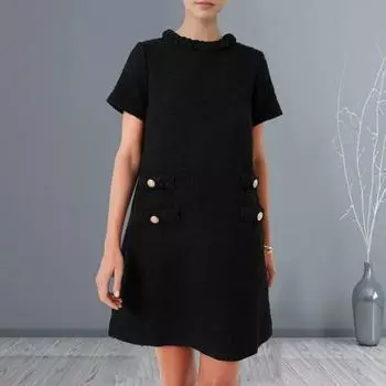 Женское платье с круглым вырезом, свободная молния сзади, с короткими рукавами, однотонное винтажное мини-платье трапециевидной формы с декором на пуговицах M темно-синий