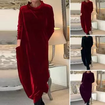 Женское платье с круглым вырезом, свободное однотонное мягкое пуловер с длинными рукавами, теплое женское повседневное платье до середины икры длиной до середины икры 2XL зелёный