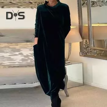 Женское платье с круглым вырезом, свободное, однотонное, с длинным рукавом, мягкий, теплый, длиной до середины икры, повседневное, миди-платье 2XL зелёный