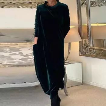 Женское платье с круглым вырезом, свободное, однотонное, с длинным рукавом, мягкий, теплый, длиной до середины икры, повседневное, миди-платье 2XL зелёный
