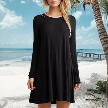 Женское платье с круглым вырезом, свободные длинные рукава, однотонное А-силуэтное плиссированное мини-платье, повседневное XL чёрный