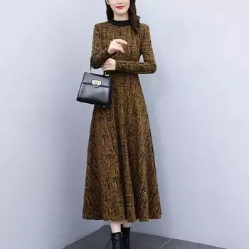 Женское платье с круглым вырезом, толстым и длинным рукавом, с принтом, теплое, мягкое, трапециевидное, со свободным подолом, карманами, длиной до середины икры, платье макси для мамы XL жёлтый