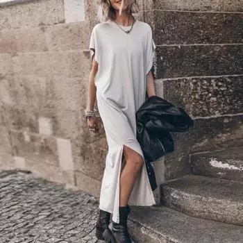 Женское платье с круглым вырезом, тонкие, с короткими рукавами, с боковым разрезом, свободное, однотонное, мягкое, дышащее, до щиколотки, повседневное макси S чёрный