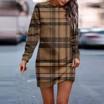 Женское платье с круглым вырезом в клетку с принтом в стиле пэчворк, с длинными рукавами и бедрами, платья-толстовки L коричневый
