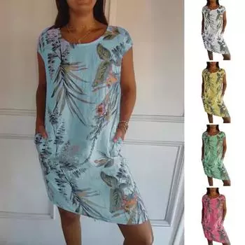 Женское платье с круглым вырезом в стиле ретро с цветочным принтом и боковыми карманами, свободный пуловер длиной выше колена S жёлтый