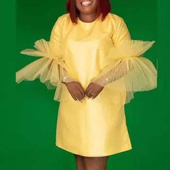 Женское платье с круглым вырезом в стиле пэчворк, сетчатые рукава из тюля больших размеров, узкие африканские платья для женщин M жёлтый