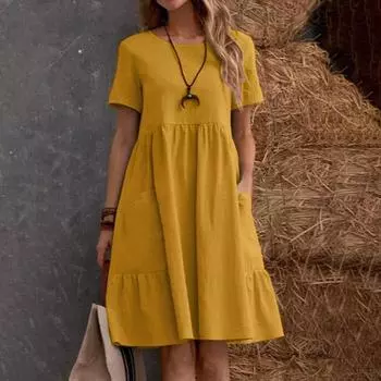 Женское платье с круглым вырезом в стиле ретро, хлопковое и льняное свободное платье с карманами, однотонное платье с круглым вырезом L жёлтый