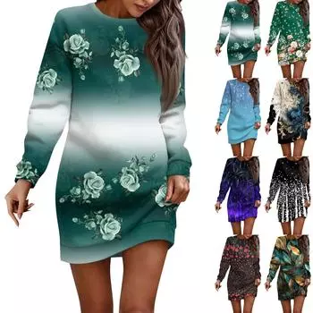 Женское платье с круглым вырезом в стиле ретро и цветочным принтом, с длинными рукавами и ягодицами, завернутое в ванную комнату M