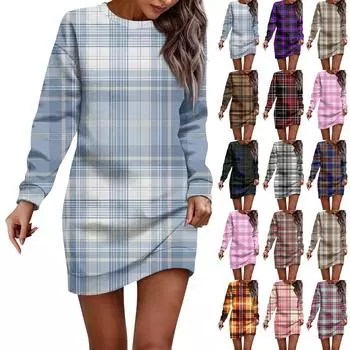 Женское платье с круглым вырезом в клетку с принтом в стиле пэчворк, с длинными рукавами и бедрами, платья-толстовки M