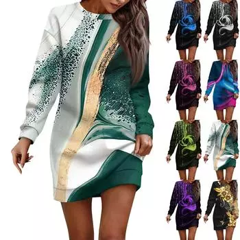 Женское платье с круглым вырезом в стиле ретро и цветочным принтом, с длинными рукавами и ягодицами, завернутое в ванную комнату L армия зеленый