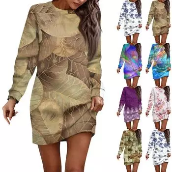 Женское платье с круглым вырезом в стиле ретро и цветочным принтом, с длинными рукавами и ягодицами, завернутое в ванную комнату L синий