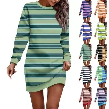 Женское платье с круглым вырезом в полоску с принтом в стиле пэчворк, с длинными рукавами и бедрами, платья-толстовки M синий