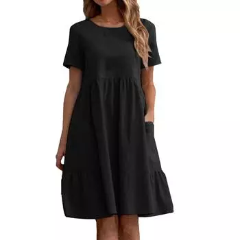 Женское платье с круглым вырезом в стиле ретро, хлопковое и льняное свободное платье с карманами, однотонное платье с круглым вырезом S чёрный