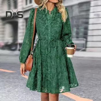 Женское платье с кружевной аппликацией А-силуэта, свободный подол, длинный рукав, шнуровка, узкая талия, однобортное, мягкое, элегантное, женское платье миди S темно-синий