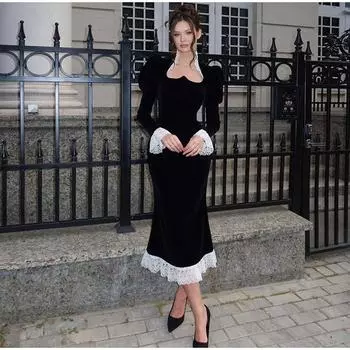 Женское платье с квадратным воротником и рукавами-фонариками, узкие плиссированные женские макси-платья 2025 года, элегантные весенние винтажные женские платья S чёрный