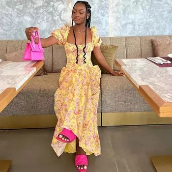 Женское платье с квадратным воротником, принтом, запахом на груди, манжетами-пузырьками, складками, средней талией, красивой спинкой, платье А-силуэта S жёлтый