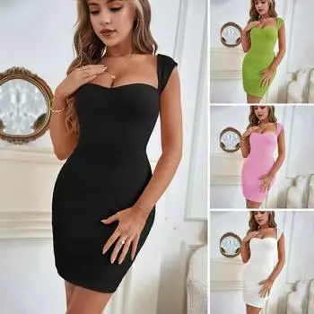 Женское платье с квадратным вырезом, без рукавов, с низкой спинкой, однотонное, мягкое, плотное, с высокой талией, плиссированное L чёрный