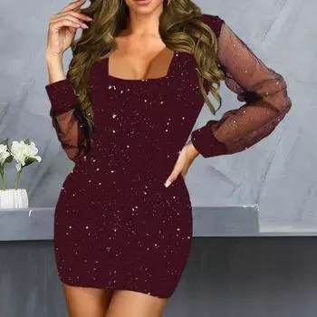 Женское платье с квадратным вырезом, длинными прозрачными сетчатыми рукавами и блестками, облегающее, с высокой талией, однотонное мини-платье для выпускного вечера, свиданий S синий