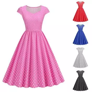 Женское платье с квадратным вырезом и коротким рукавом с большим подолом и принтом в горошек, боковая молния L синий