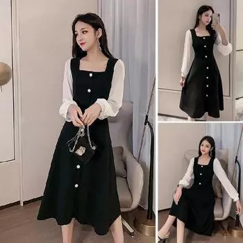 Женское платье с квадратным вырезом и длинным рукавом в стиле ретро, однотонное платье с пуговицами, трапециевидное платье свободного кроя, сетчатое лоскутное платье длиной до середины икры, весна-осень, платье миди 2XL чёрный
