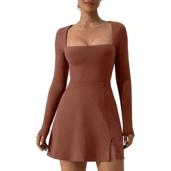 Женское платье с квадратным вырезом и лифом, мини-платья с длинными рукавами и боковым разрезом S чёрный