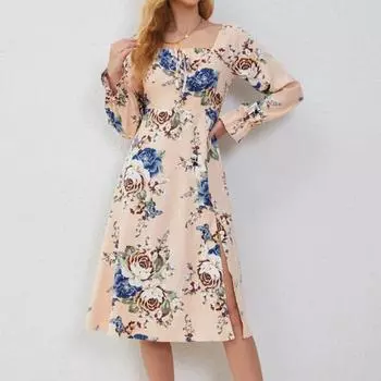 Женское платье с квадратным вырезом и длинными рукавами с цветочным принтом, разделенным подолом, с узкой талией, длиной до середины икры, плиссированное сзади, с пышными рукавами, повседневное платье миди