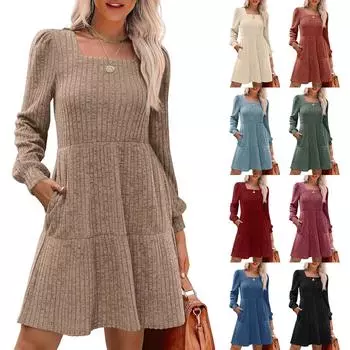 Женское платье с квадратным вырезом и длинным рукавом, повседневное трикотажное платье с карманами S бежевый