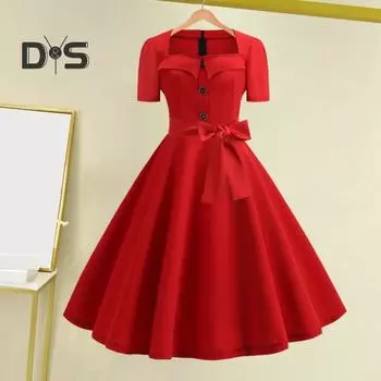 Женское платье с квадратным вырезом и коротким рукавом в стиле ретро 1950-х годов, трапециевидное платье с большим подолом и пуговицами, декор в горошек, соответствующий цвету, середина талии, пояс с бантом, декор для выпускного вечера M черный белый