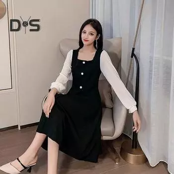 Женское платье с квадратным вырезом и длинным рукавом, ретро, однотонное, с пуговицами, А-силуэт, свободный крой, сетчатый лоскутный крой, длина до середины голени, весна-осень, миди-платье 2XL чёрный