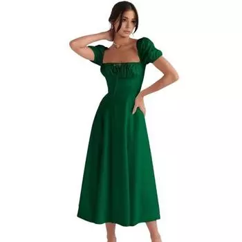 Женское платье с квадратным вырезом, многоуровневыми оборками, короткими рукавами, однотонное, плотное, с высокой талией, трапециевидной формы, плиссированное, на шнуровке, облегающее, женское платье-миди без спинки S