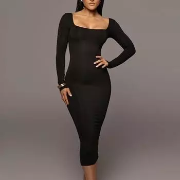 Женское платье с квадратным вырезом, облегающее, эластичное, однотонное, с длинными рукавами, мягкое дышащее платье-футляр длиной до середины икры, вечерние платье-миди для выпускного вечера S зелёный