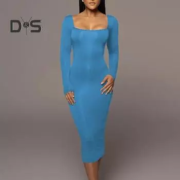 Женское платье с квадратным вырезом, облегающее, эластичное, однотонное, с длинным рукавом, мягкое, дышащее, облегающее, длиной до середины голени, платье миди для выпускного вечера L зелёный