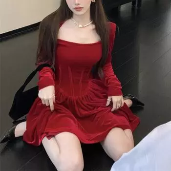 Женское платье с квадратным вырезом, плиссированное, А-силуэта, с длинными рукавами, плиссированное, с узкой талией, бархатное мини-платье, короткое платье для выпускного банкета, вечеринки, осень-весна, платье принцессы S вино красного