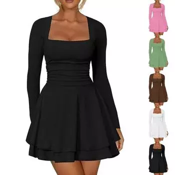 Женское платье с квадратным вырезом, плиссированным подолом, однотонное платье с застежкой на талии и длинными рукавами L чёрный