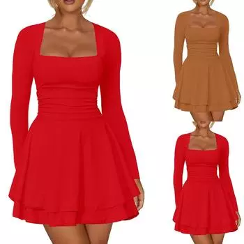 Женское платье с квадратным вырезом, плиссированным подолом, однотонное платье с застежкой на талии и длинными рукавами S верблюд