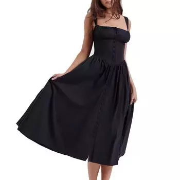 Женское платье с квадратным вырезом спереди, пляжный сарафан на бретельках L чёрный