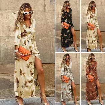 Женское платье с лацканами, рабочая одежда, мягкая осень, осень, леопардовый узор, гладкое атласное длинное платье, повседневная одежда XL светло-серый