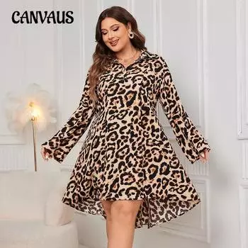 Женское платье с леопардовым принтом, модные свободные платья с длинным рукавом больших размеров XL темно-коричневого