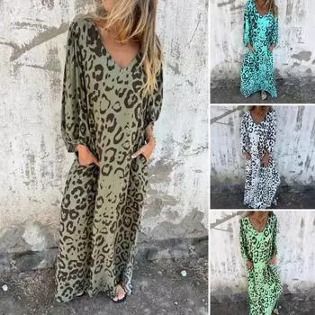 Женское платье с леопардовым принтом, платье макси с V-образным вырезом и длинными рукавами, повседневное свободное весенне-летнее платье для офиса, повседневной носки, для вечеринок и каникул S циан