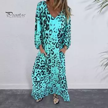 Женское платье с леопардовым принтом, платье макси с V-образным вырезом и длинными рукавами, повседневное свободное весенне-летнее платье для офиса, повседневной носки, для вечеринок и каникул S армия зеленый