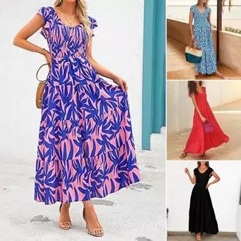 Женское платье с летающими рукавами А-силуэта, свободный подол, лоскутное платье с цветочным принтом, V-образный вырез, мягкая спинка L синий