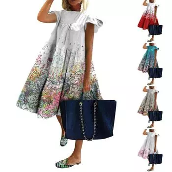 Женское платье с летающими рукавами и цветочным принтом, повседневное свободное длинное платье с круглым вырезом XL синий