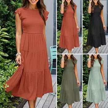 Женское платье с летящими рукавами, многослойное лоскутное платье трапециевидной формы с плиссированным эластичным бюстом, сплошной цвет до середины икры S оранжевый