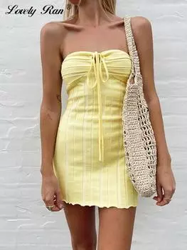 Женское платье с лямкой на шее и рюшами, мини-женские платья на шнуровке с открытой спиной, летние вязаные тонкие женские платья в полоску без рукавов S зелёный