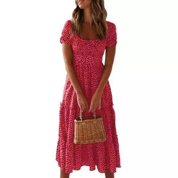 Женское платье с маленьким цветочным принтом в стиле пэчворк, струящееся подол с квадратным вырезом и короткими рукавами-пузырьками, плиссированное платье миди для свиданий и отпуска 2XL красный