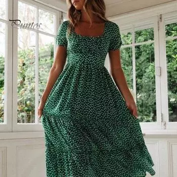 Женское платье с маленьким цветочным принтом в стиле пэчворк, струящееся подол с квадратным вырезом и короткими рукавами-пузырьками, плиссированное платье миди для свиданий и отпуска S зелёный